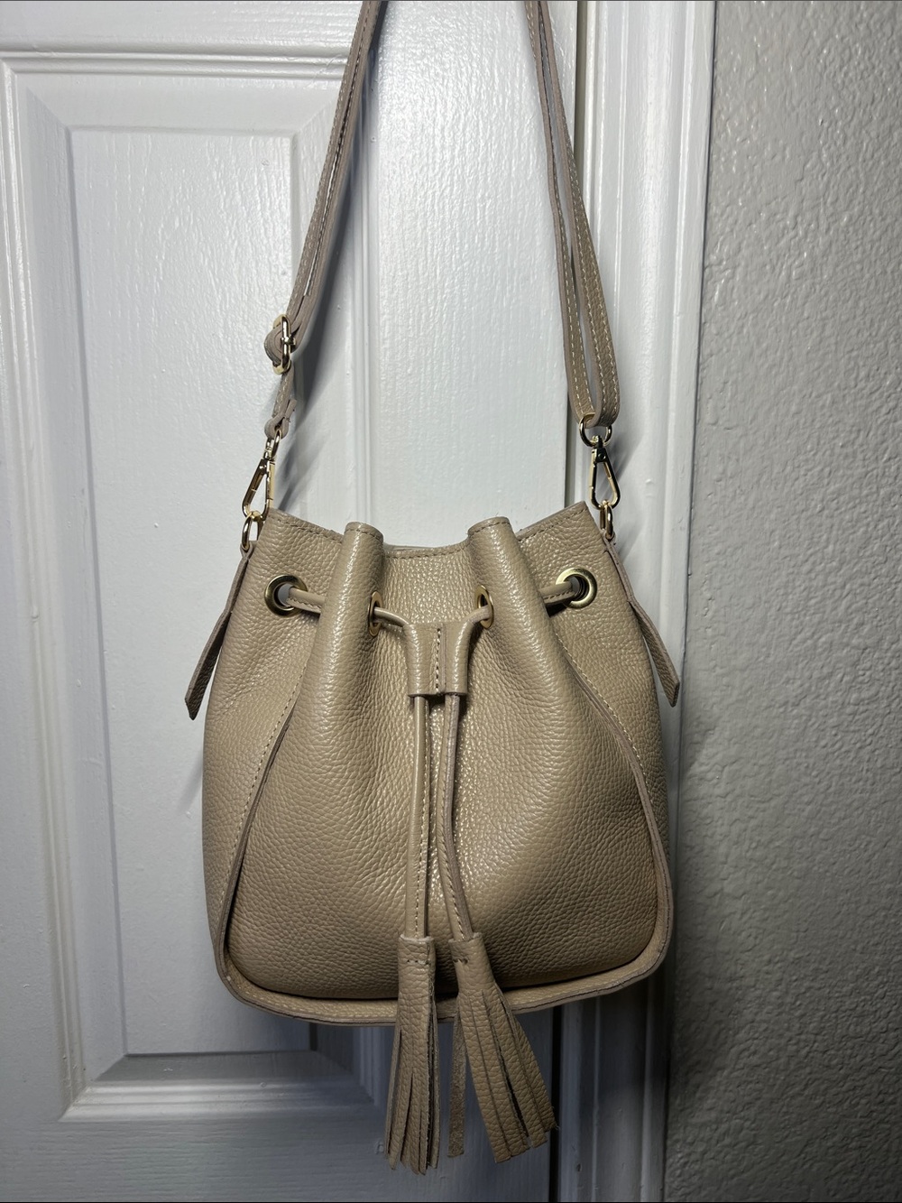 Beige Drawstring Bucket Bag with Tassels - Women